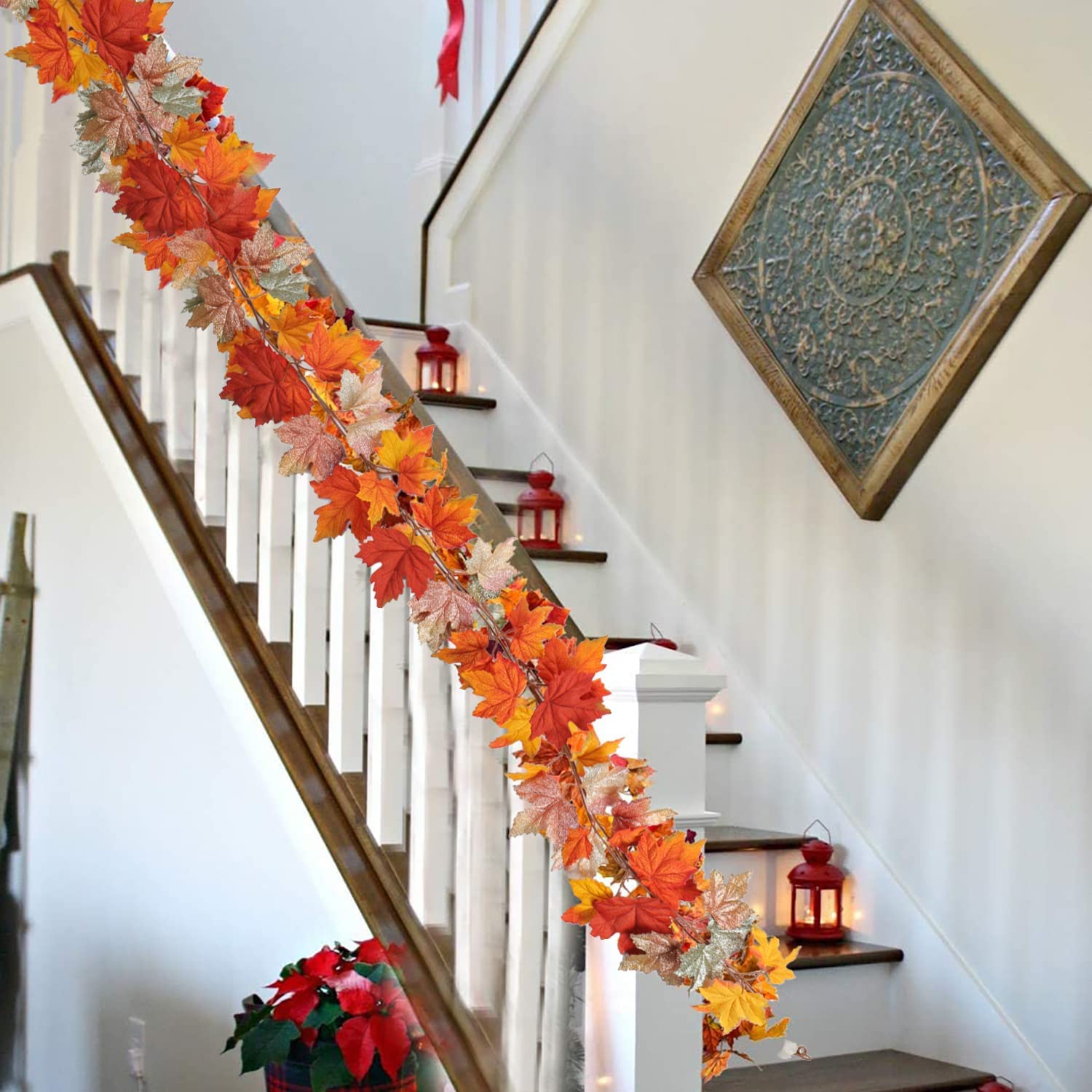 2 Pcs Fall Leaves Fall Garland for Mantle Maple Leaf Garland Fall Decor for Home Dinner Party Hanging Fall Leaves Garland Decorations