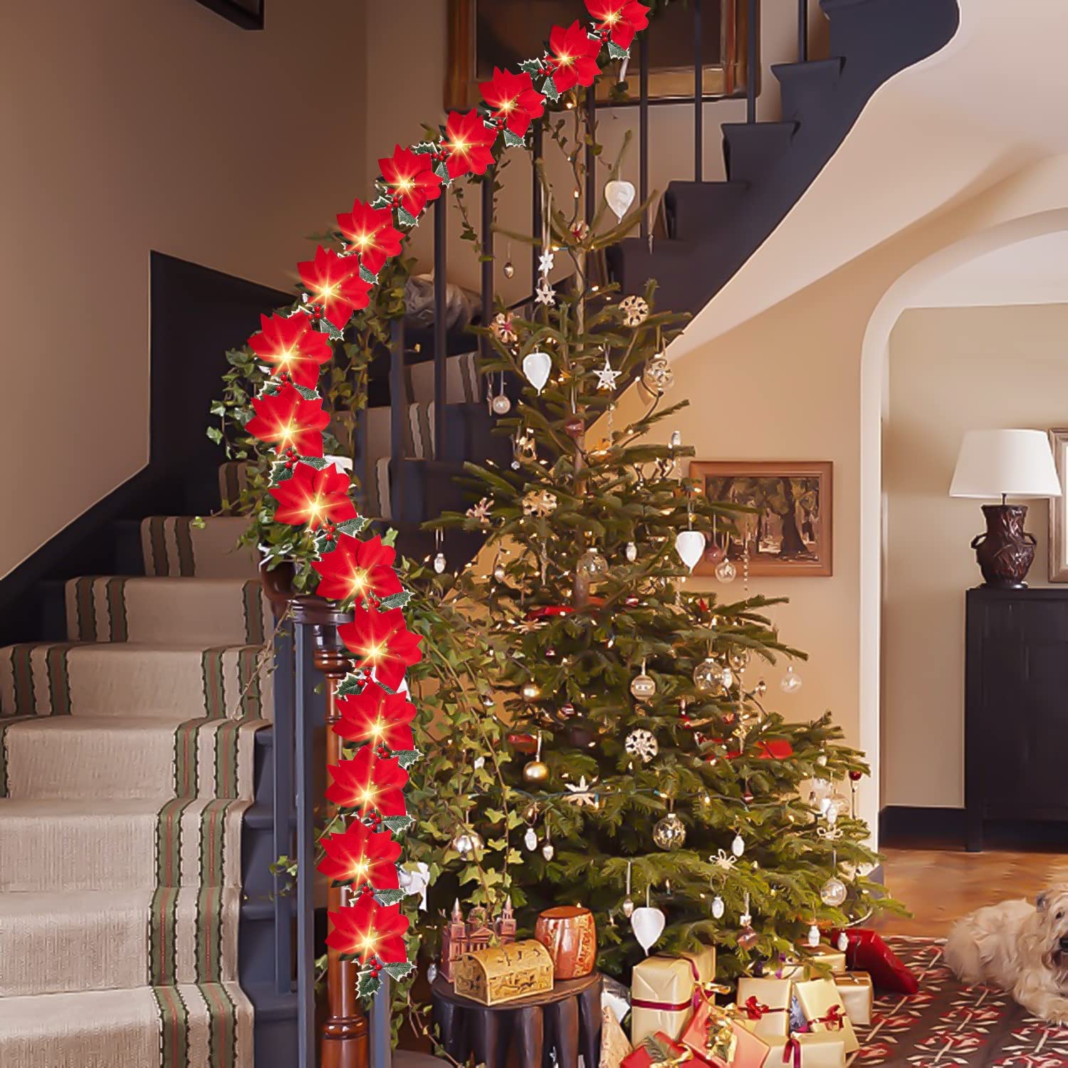 2 Pack Poinsettia Christmas Garland with Lights, 6.9 FT Christmas Garland Decorations, with Red Berries and Holly Leaves for Indoor Outdoor Fireplace Home Decor