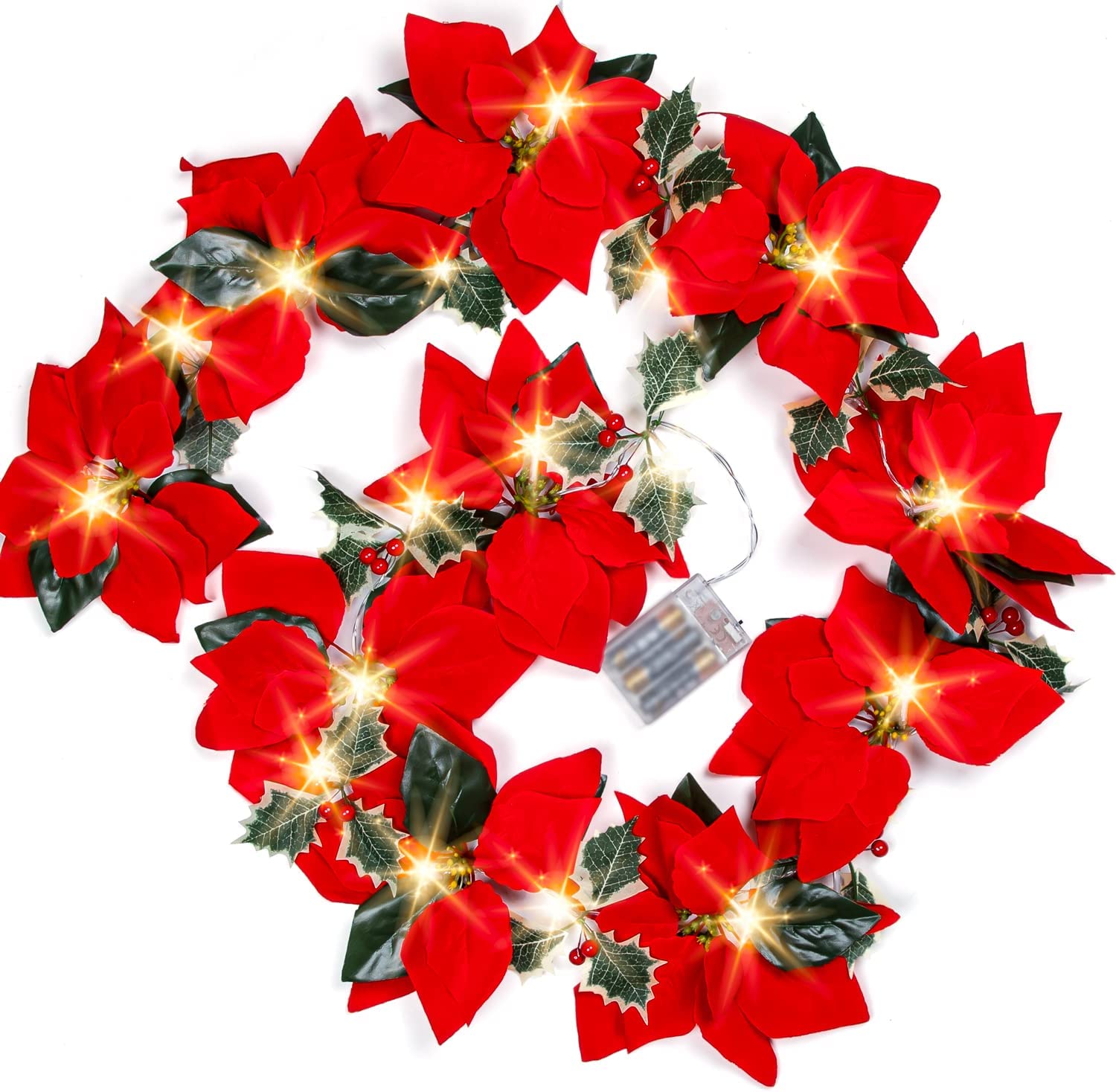 2 Pack Poinsettia Christmas Garland with Lights, 6.9 FT Christmas Garland Decorations, with Red Berries and Holly Leaves for Indoor Outdoor Fireplace Home Decor