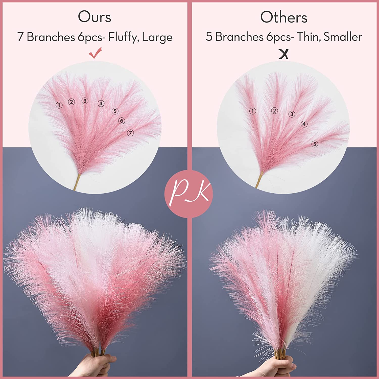 Pampas Grass Pink 17.7 Inch 6pcs, Artificial Pampas Grass Faux Pink Pompas Grass Decor, Short Pompous Grass Blush Room Decoration, Wedding Party Centerpieces Valentine Mothers Day