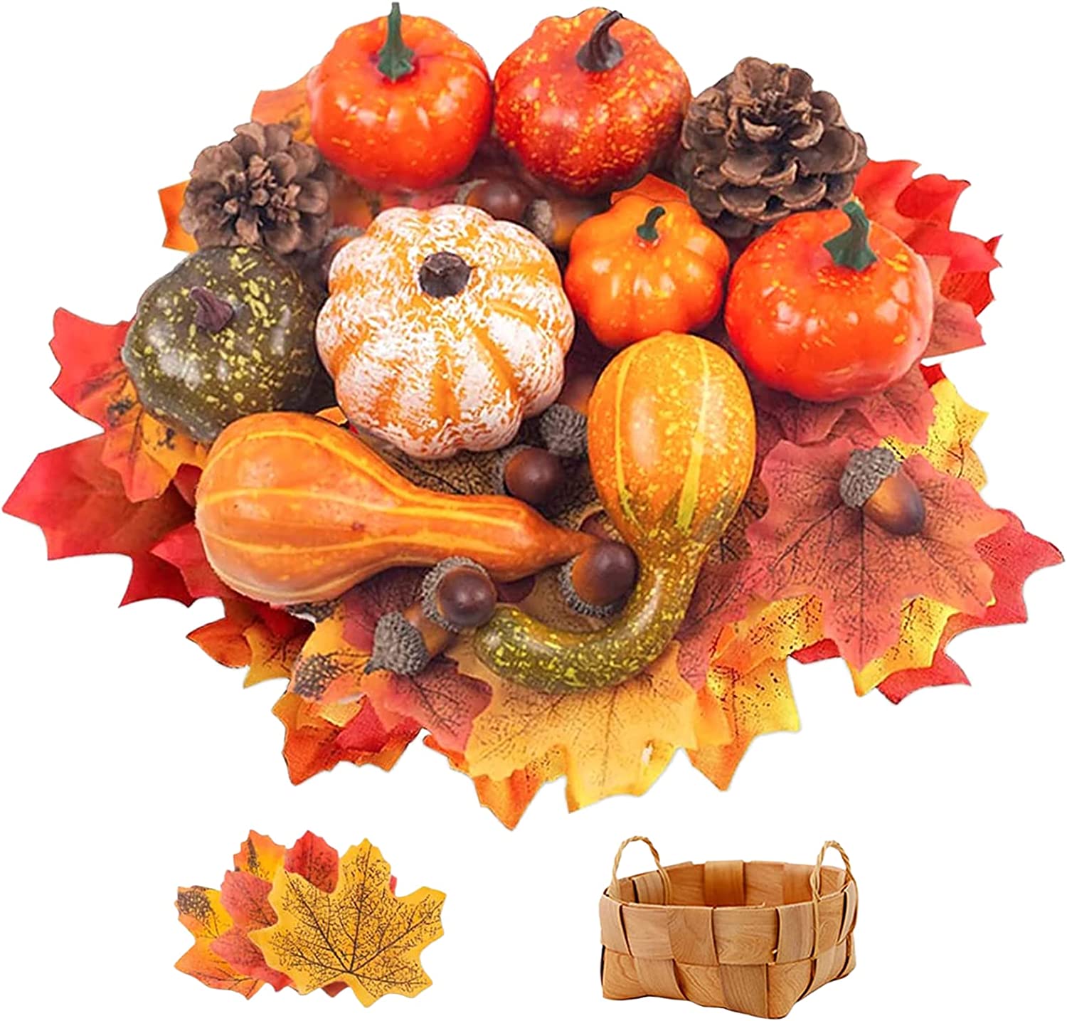 50 PCS Thanksgiving Artificial Pumpkins and Gourds Set, 8 PCS Fake Pumpkins, 12 PCS Pinecones and Acorns, 30 PCS Fake Maple Leaves Fall Wedding Tables Centerpieces