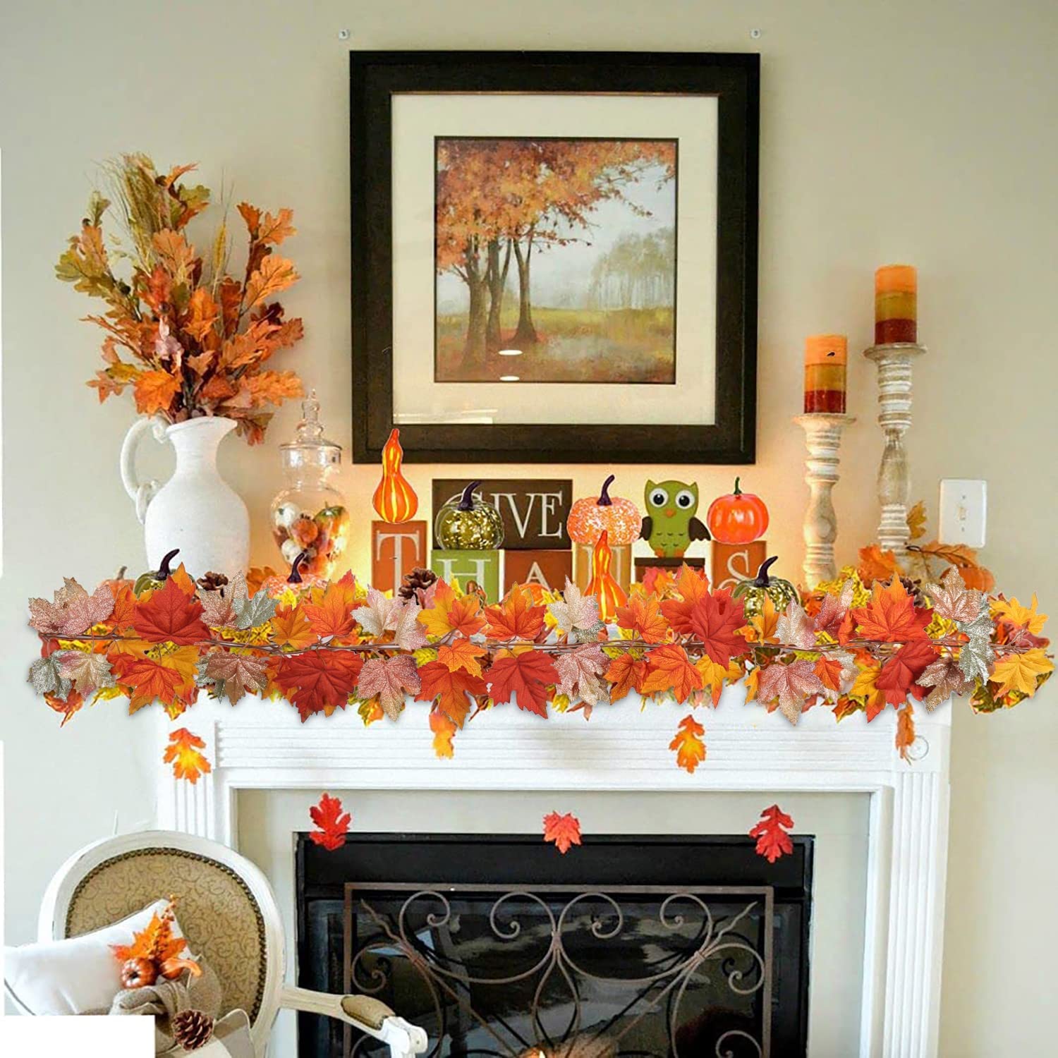 2 Pcs Fall Leaves Fall Garland for Mantle Maple Leaf Garland Fall Decor for Home Dinner Party Hanging Fall Leaves Garland Decorations