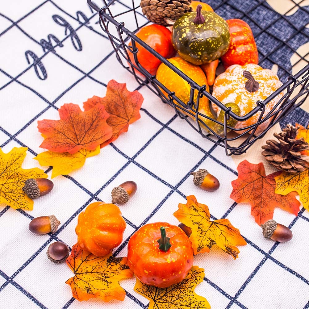 50 PCS Thanksgiving Artificial Pumpkins and Gourds Set, 8 PCS Fake Pumpkins, 12 PCS Pinecones and Acorns, 30 PCS Fake Maple Leaves Fall Wedding Tables Centerpieces