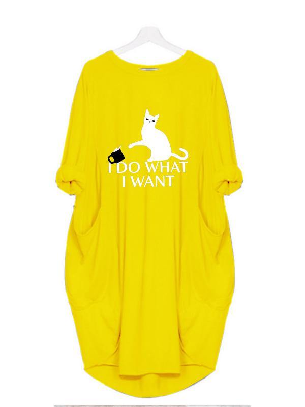 Women's Casual Cotton Letter Cat Prints Tee Dress Pocket Loose Midi Dress Plus Size - CHALIER