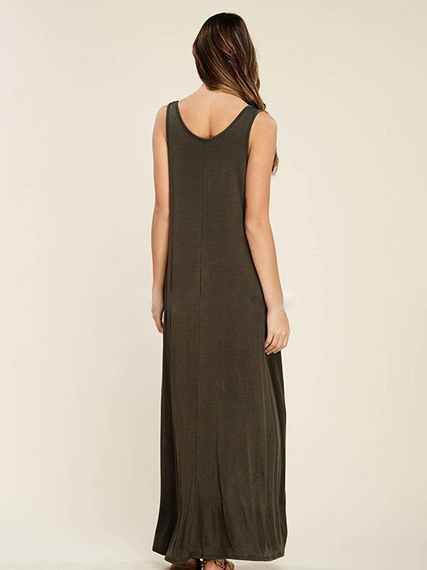 Women's Sleeveless Maxi Dress Casual Pockets Soft Jumper Skirt Solid Beach Dress - CHALIER