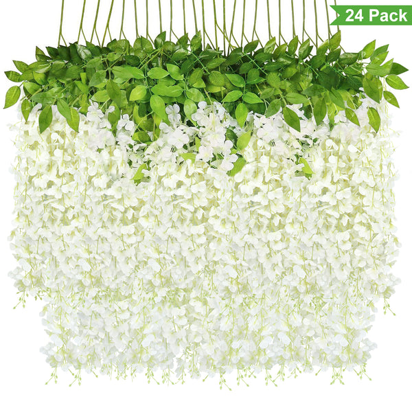 24 Pack White Artificial Wisteria Hanging Flowers Fake Wisteria Garland for Home Room Wall Outdoor Garden Wedding Ceremony Decorations