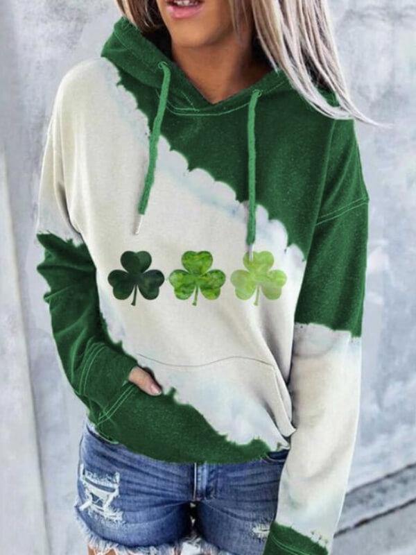 Women's Faith Lucky Shamrock Print Tie-Dye Hoodie - CHALIER