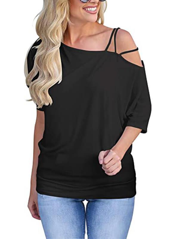Women Solid Cold Shoulder Half SleeveCasual T-Shirt - CHALIER
