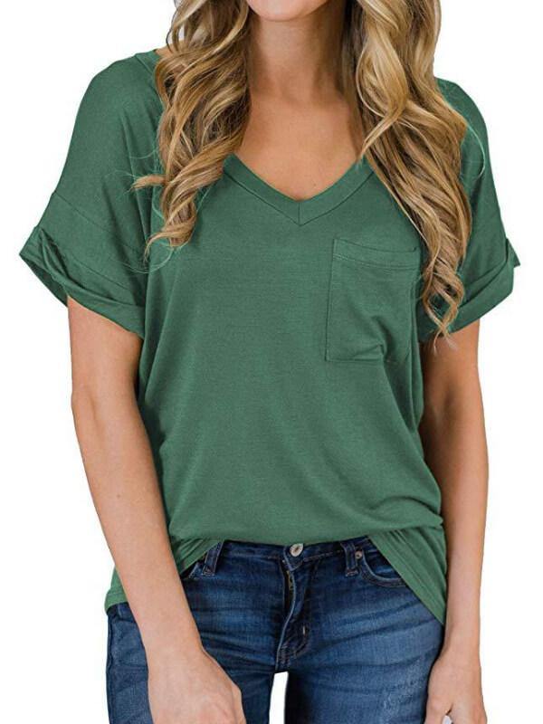 Women Cotton Solid V Neck Short Sleeve T-Shirt - CHALIER