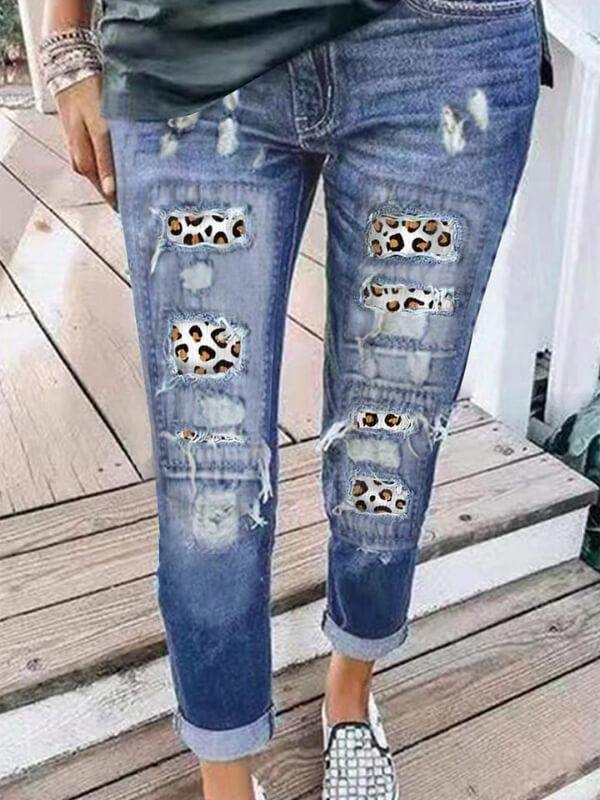 Women Leopard Jeans Cut-out Hole Straight Leopard Low Rise Blue Jeans - CHALIER