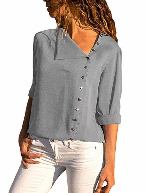 Women Long Sleeve Casual Solid Buttoned Blouse - CHALIER