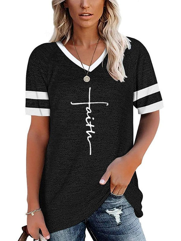 Women Letter Printed V Neck Short Sleeve T-Shirt