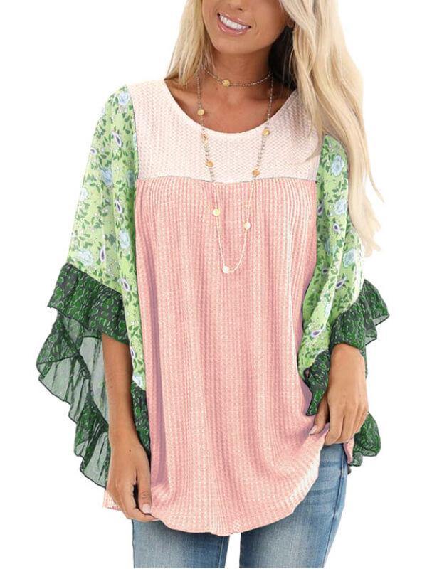 Batwing Sleeve Print Color Block Top - CHALIER