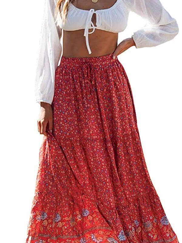 Women Elastic Waist Bohemian Floral Printed  A Line Maxi Skirt - CHALIER