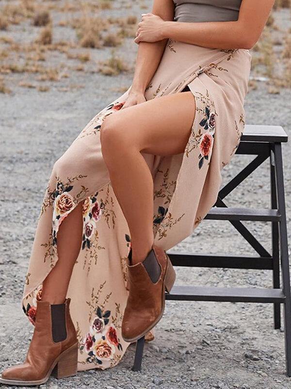 Womens Boho Floral Tie Up Waist Summer Beach Wrap Cover Up Maxi Skirt - CHALIER