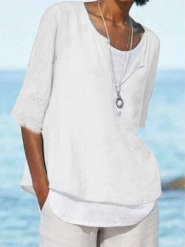 Women V Neck Cotton Linen Solid Casual Blouse