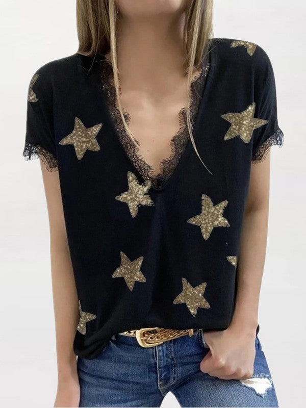 Women Lace Star Printed V Neck Short Sleeve T-Shirt