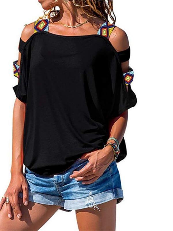 Ladies Geometric Cold Shoulder Casual Short Sleeve Tee - CHALIER