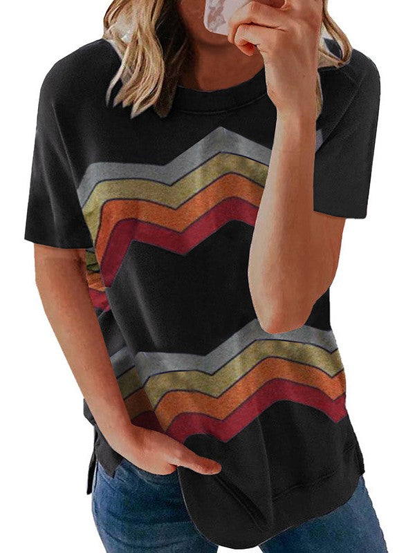 Women Geometry Striped  Casual Short Sleeve T-Shirt