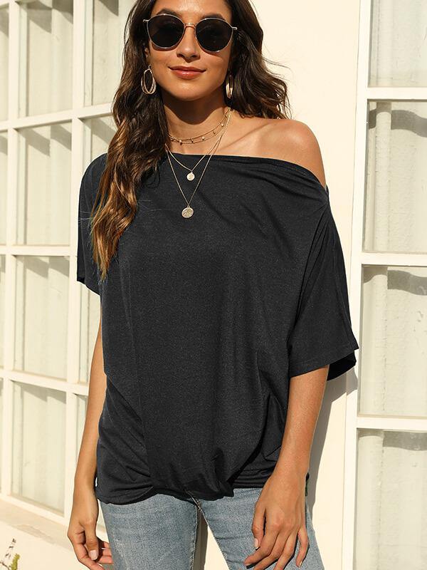 Off The Shoulder Loose Top Short Sleeve Casual T-Shirt - CHALIER