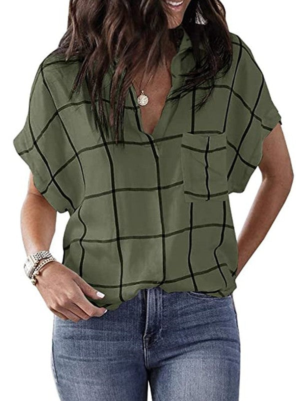 Women Plaid Printed V Neck Short Sleeve Blouse