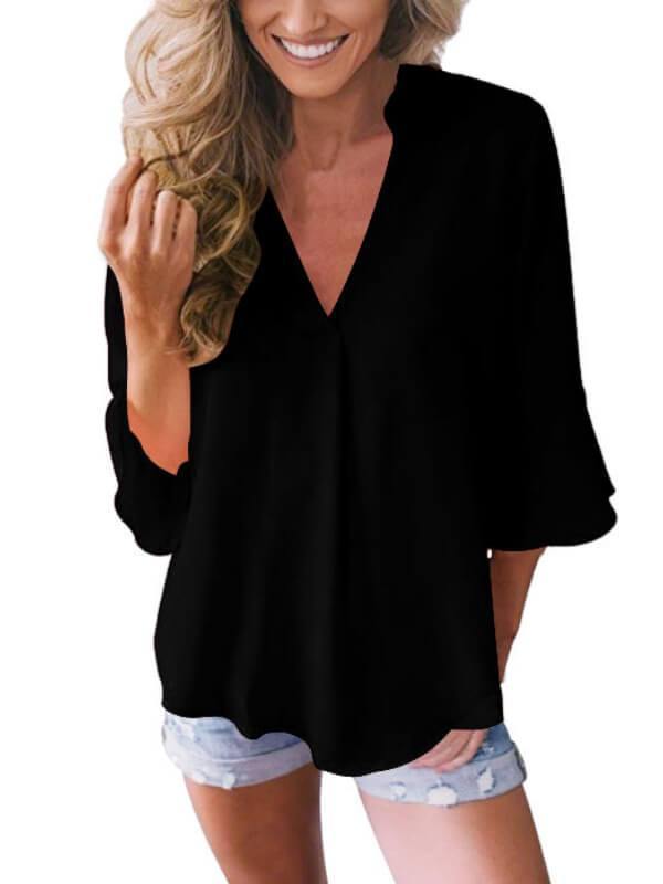 Women 3/4 Sleeve Solid Blouse V Neck Top - CHALIER