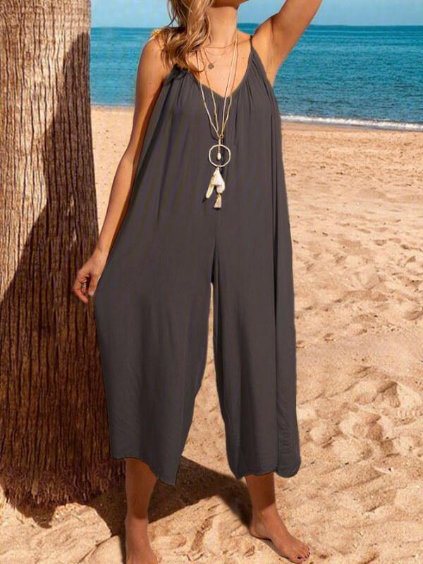 Chalier Solid Sleeveless Spaghettie Jumpsuit Wide Leg Pants - CHALIER