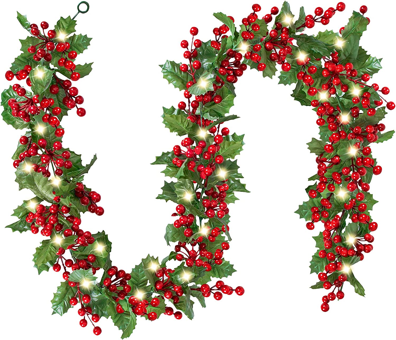 5.9 FT Red Berry Christmas Garland with Lights, Artificial Garland Christmas Decorations with 20 Warm LED Lights Green Leaves for Holiday Mantle Fireplace Stairs Table Door Indoor Outdoor