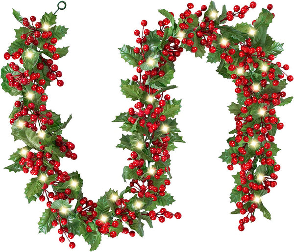 5.9 FT Red Berry Christmas Garland with Lights, Artificial Garland Christmas Decorations with 20 Warm LED Lights Green Leaves for Holiday Mantle Fireplace Stairs Table Door Indoor Outdoor