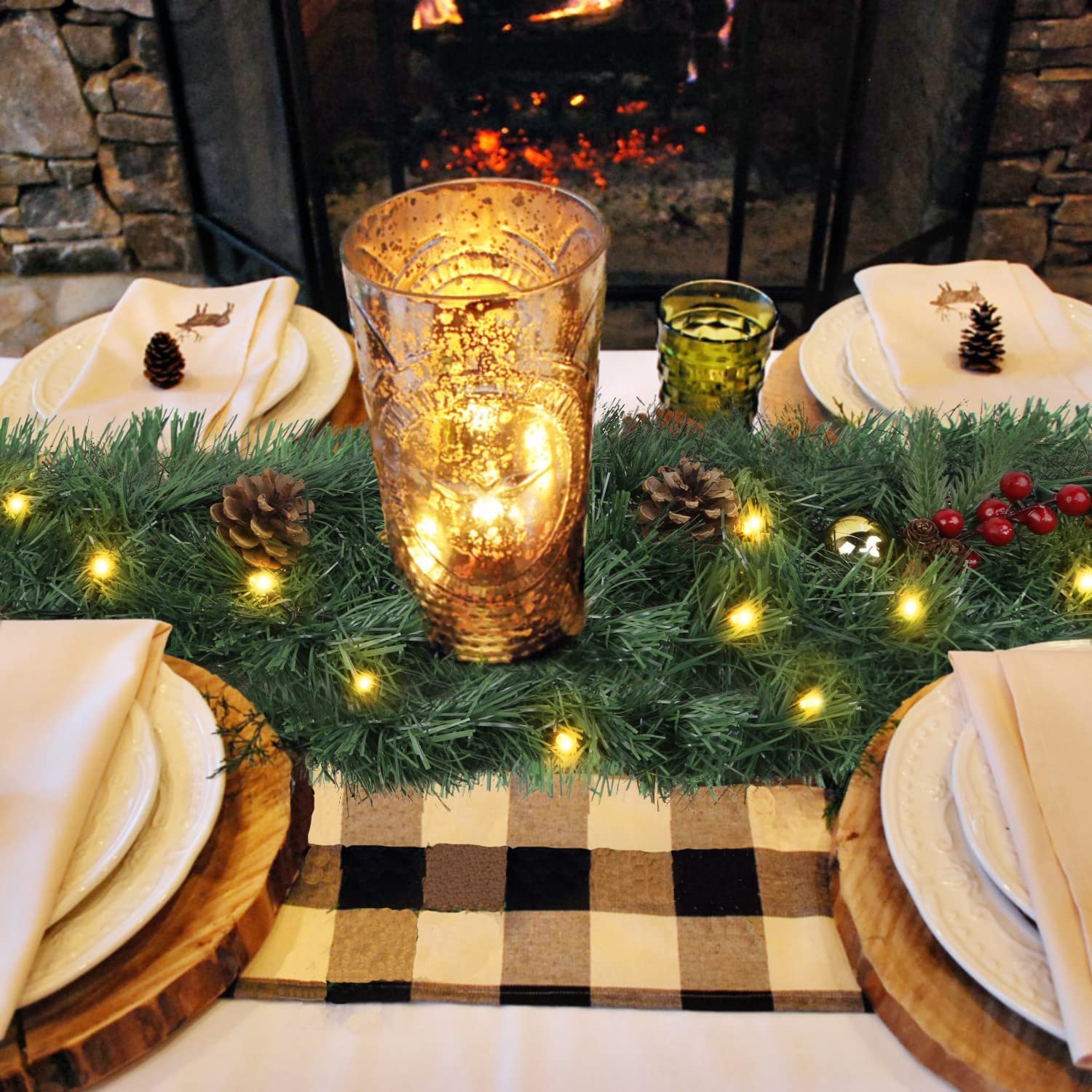 19.68 FT Lighted Christmas Garland Pre-lit Artificial Pine Green Garland with 60 LED Lights Light Up for Indoor Outdoor Home Gate Stair Garden Fireplaces Winter Holiday New Year Party Decorations