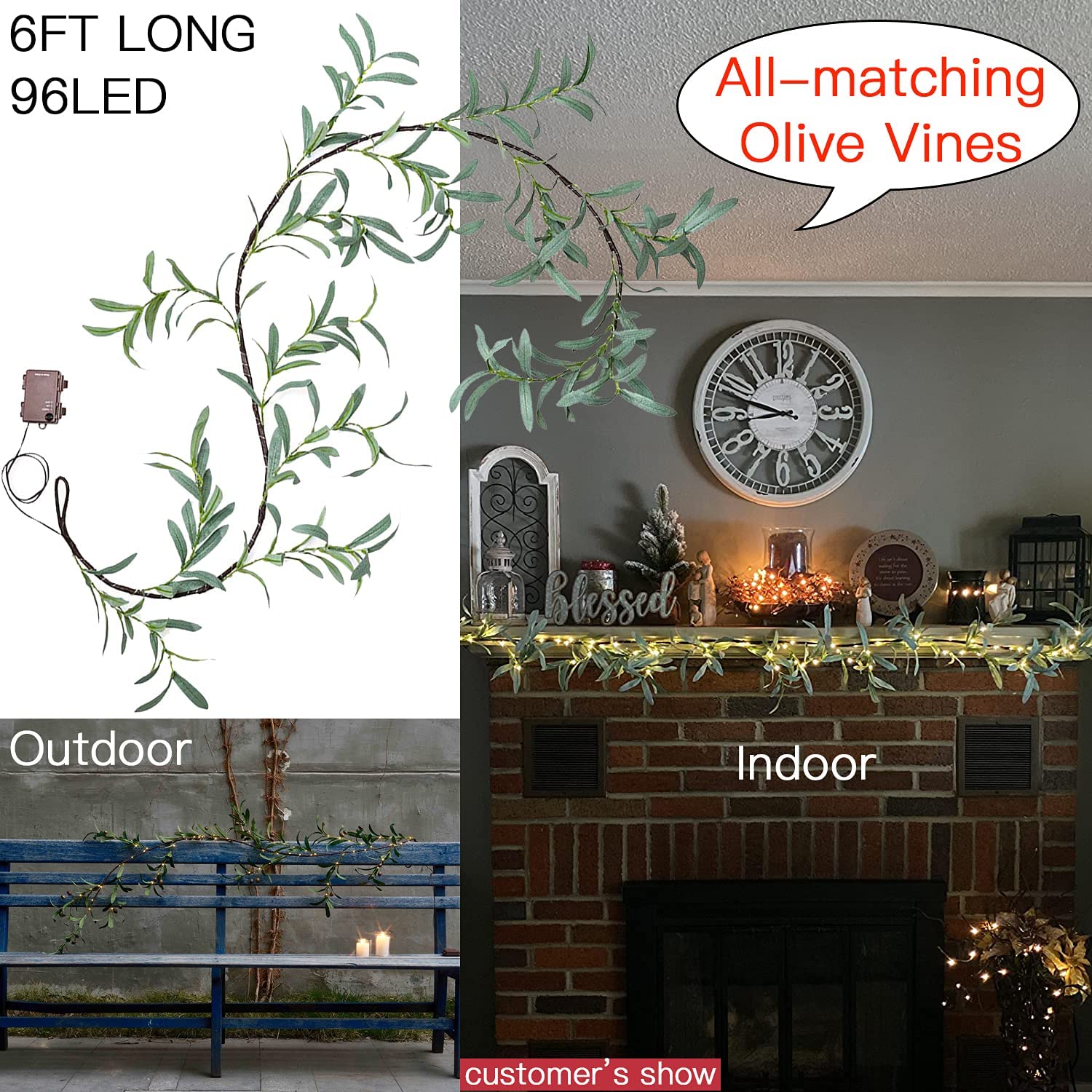 Olive Garland Battery Operated with Timer 96 LED Fairy Lights 6ft, Mantle Fireplace Vine Garland with Lights for Decoration Inside Outside Christmas Wedding