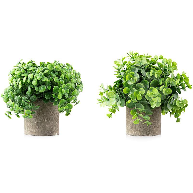 Artificial Potted Eucalyptus and Boxwood Plants Set of 2 – Two-Toned Plastic Fake Greenery for decoration - CHALIER