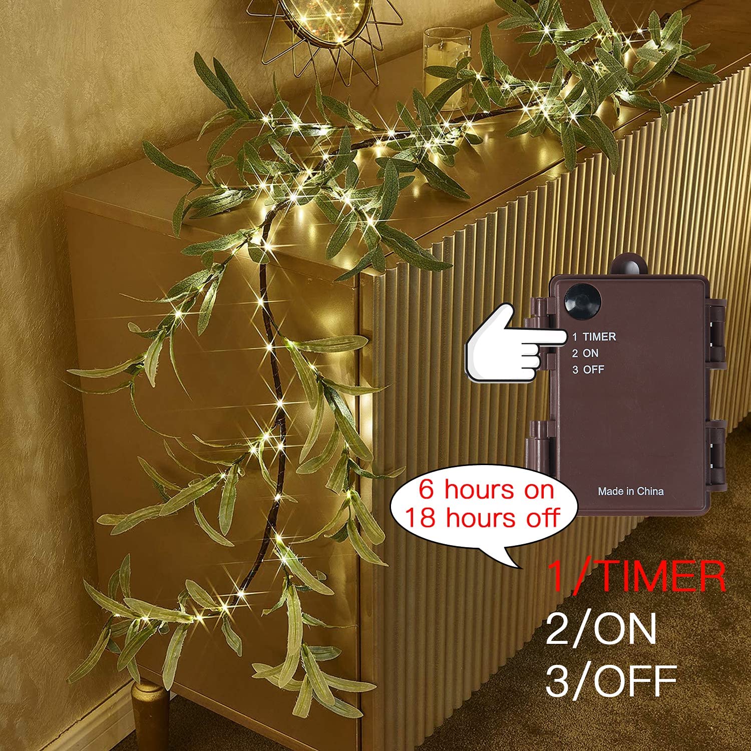 Olive Garland Battery Operated with Timer 96 LED Fairy Lights 6ft, Mantle Fireplace Vine Garland with Lights for Decoration Inside Outside Christmas Wedding