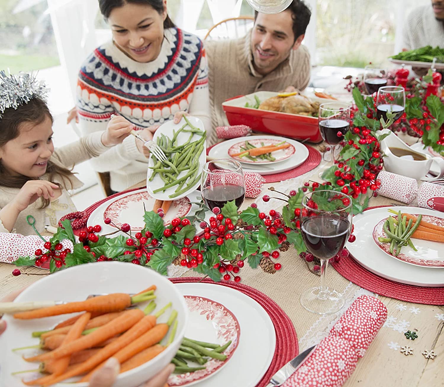 5.9 FT Red Berry Christmas Garland with Lights, Artificial Garland Christmas Decorations with 20 Warm LED Lights Green Leaves for Holiday Mantle Fireplace Stairs Table Door Indoor Outdoor