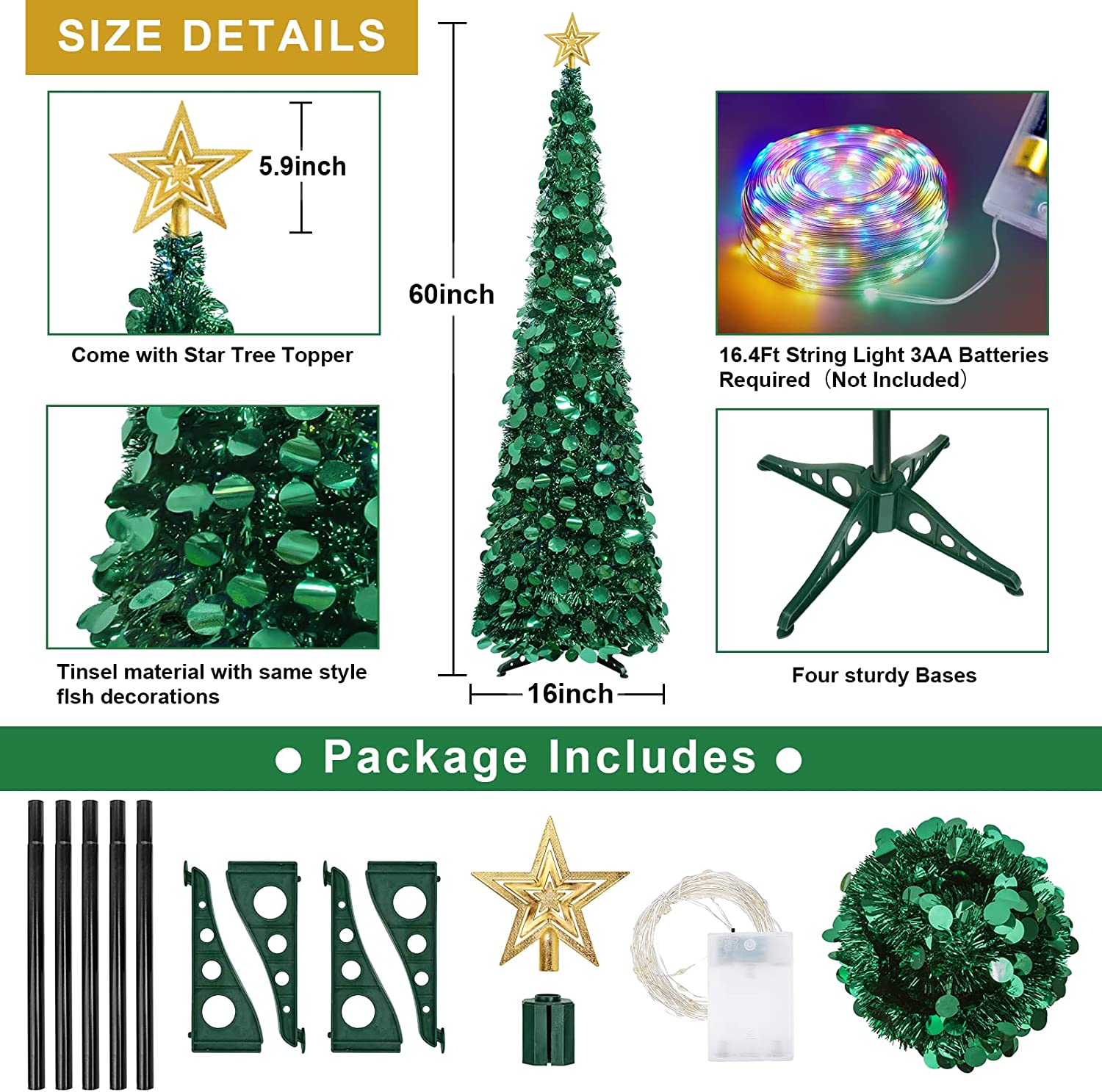 5 Ft Christmas Tree with Lights, Pencil Tinsel Collapsible Christmas Tree with 50 Multi Colored Lights Tree Topper for Christmas Decoration Home Party Decor Indoor Outdoor
