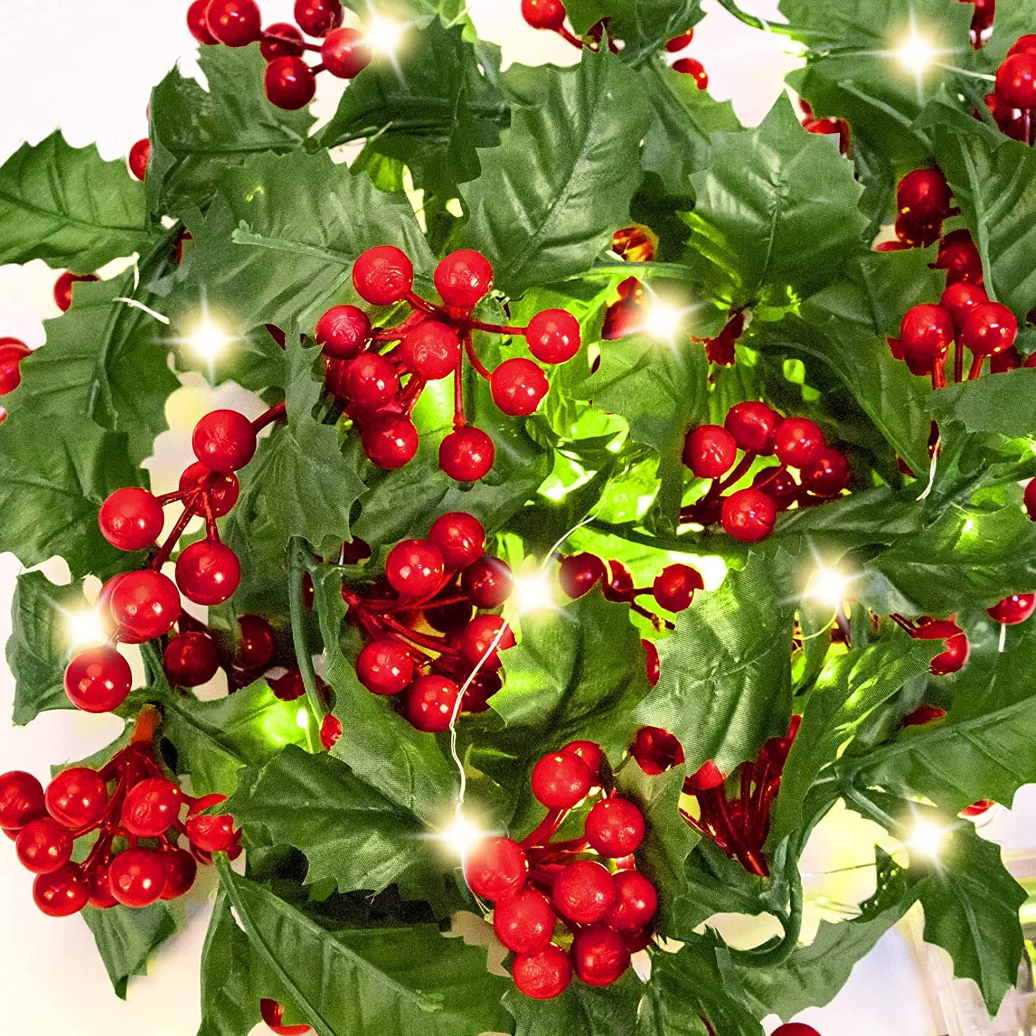 5.9 FT Red Berry Christmas Garland with Lights, Artificial Garland Christmas Decorations with 20 Warm LED Lights Green Leaves for Holiday Mantle Fireplace Stairs Table Door Indoor Outdoor