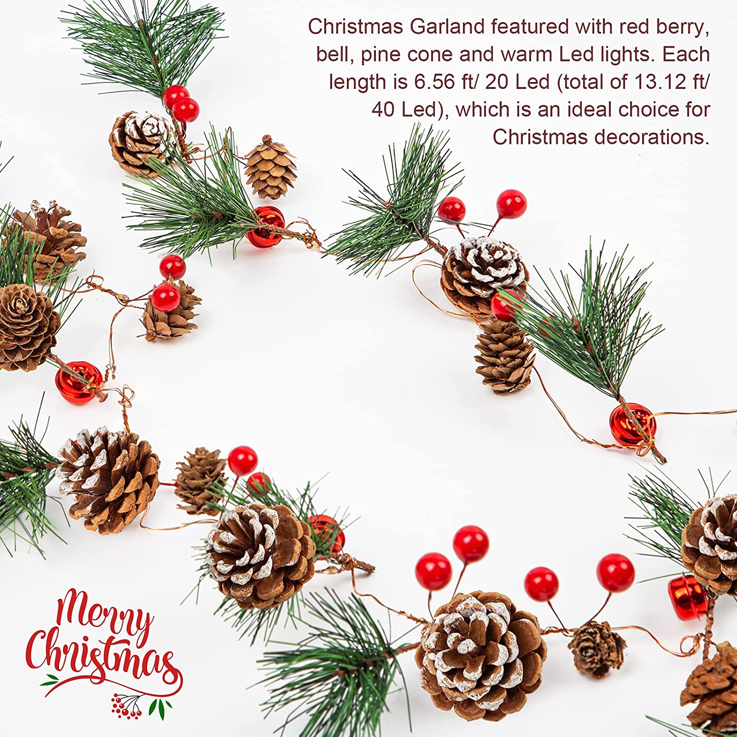 2 Pack Christmas Garland with Lights, Total 13.2 Ft 40 Led Battery Operated String Lights Red Berries Pinecones Bells for Home Mantle Fireplace New Year Party Decorations