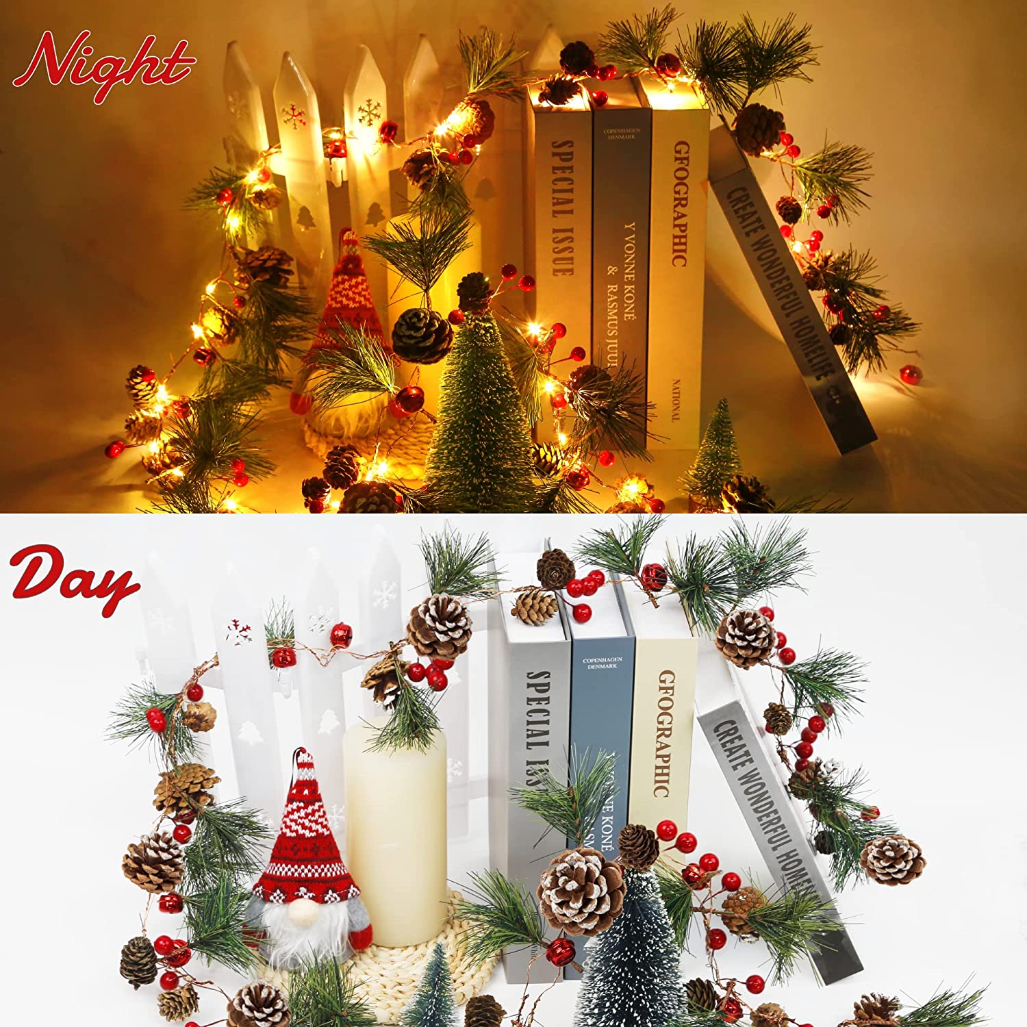 2 Pack Christmas Garland with Lights, Total 13.2 Ft 40 Led Battery Operated String Lights Red Berries Pinecones Bells for Home Mantle Fireplace New Year Party Decorations