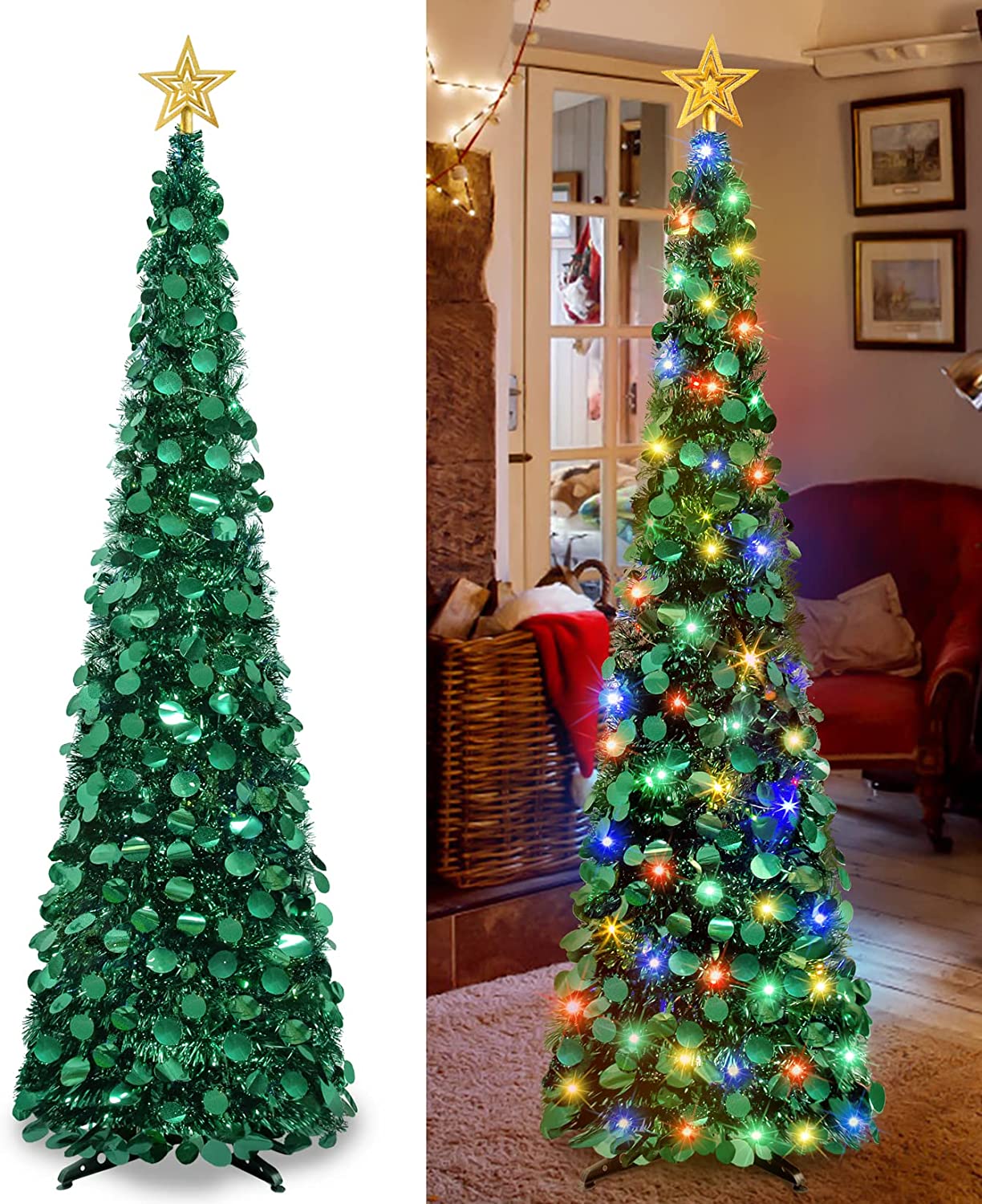 5 Ft Christmas Tree with Lights, Pencil Tinsel Collapsible Christmas Tree with 50 Multi Colored Lights Tree Topper for Christmas Decoration Home Party Decor Indoor Outdoor
