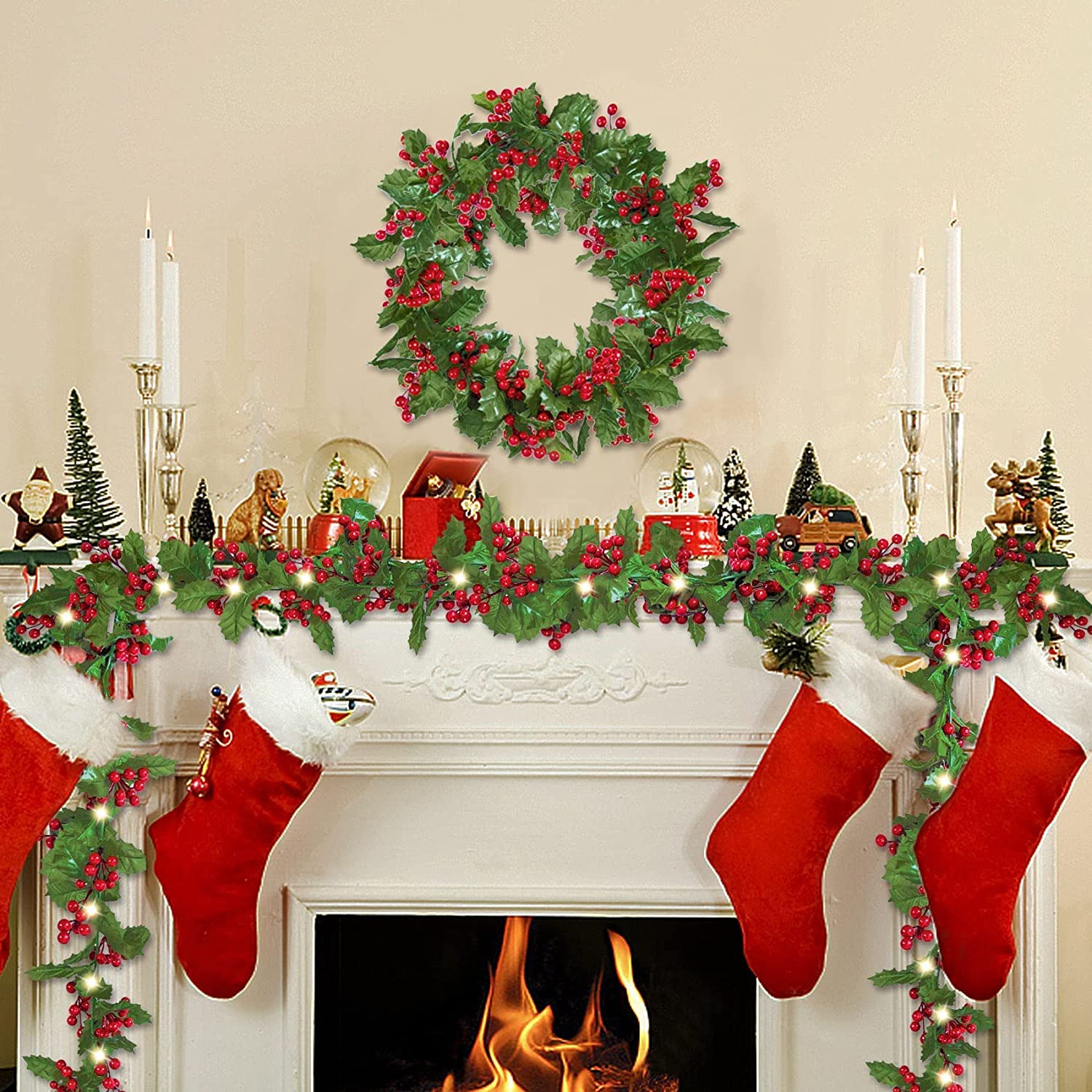 5.9 FT Red Berry Christmas Garland with Lights, Artificial Garland Christmas Decorations with 20 Warm LED Lights Green Leaves for Holiday Mantle Fireplace Stairs Table Door Indoor Outdoor