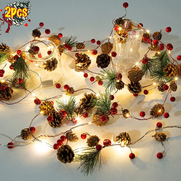 2 Pack Christmas Garland with Lights, Total 13.2 Ft 40 Led Battery Operated String Lights Red Berries Pinecones Bells for Home Mantle Fireplace New Year Party Decorations