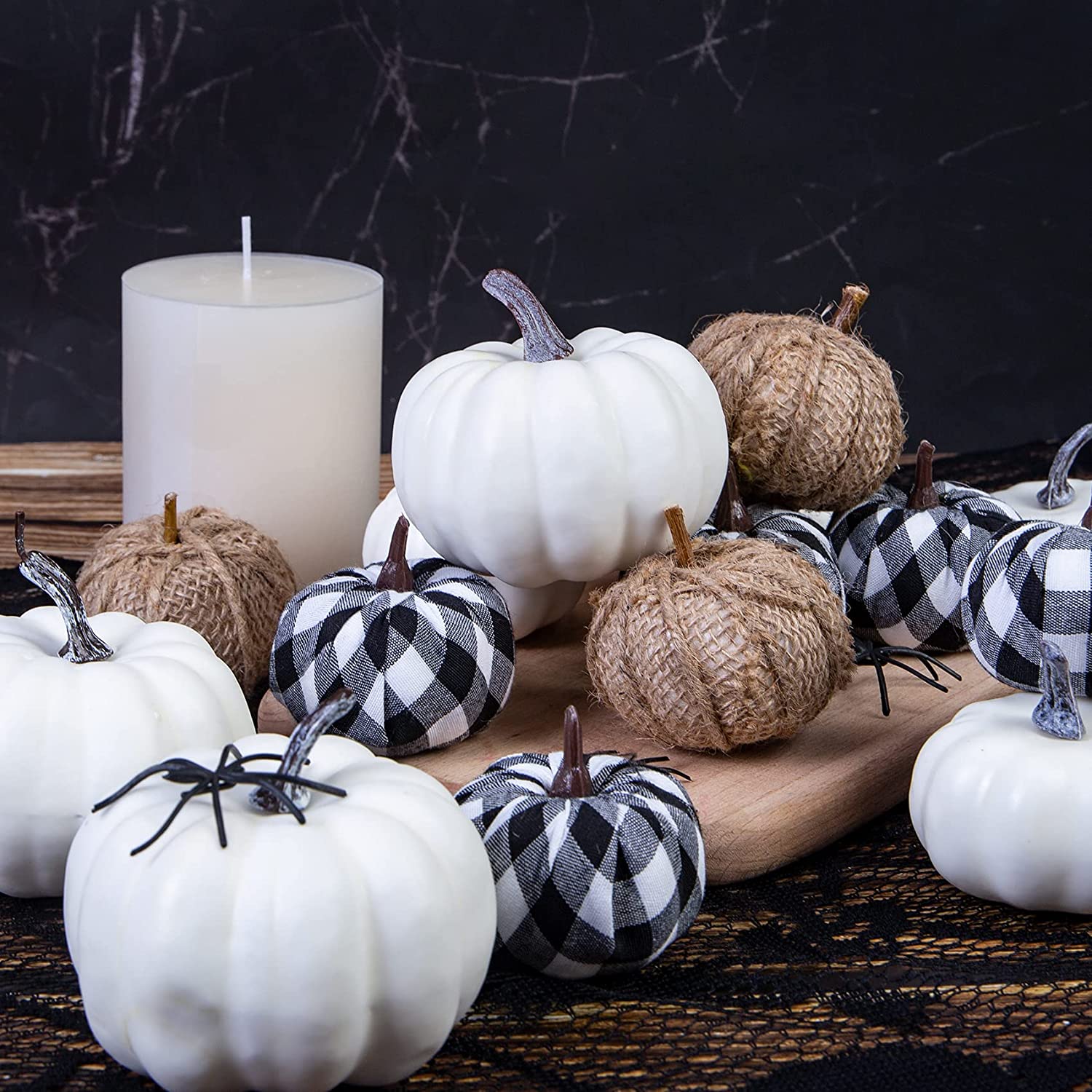 18 Pcs Fall Pumpkin Decor, Foam Artificial Pumpkins Burlap Grid White Pumpkins for Decorating Halloween Autumn Wedding Harvest Party Thanksgiving Fall Home Decorations, Black