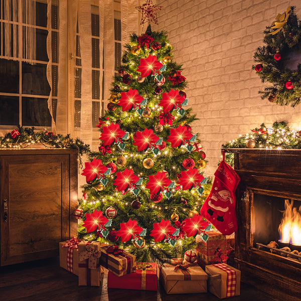 2 Pack Poinsettia Christmas Garland with Lights, 6.9 FT Christmas Garland Decorations, with Red Berries and Holly Leaves for Indoor Outdoor Fireplace Home Decor