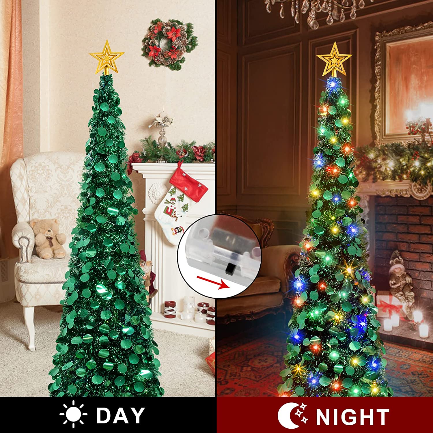 5 Ft Christmas Tree with Lights, Pencil Tinsel Collapsible Christmas Tree with 50 Multi Colored Lights Tree Topper for Christmas Decoration Home Party Decor Indoor Outdoor