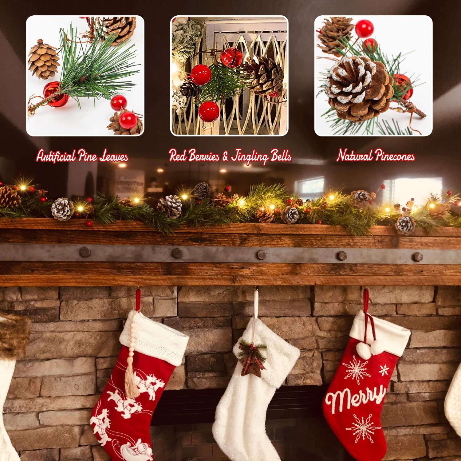 2 Pack Christmas Garland with Lights, Total 13.2 Ft 40 Led Battery Operated String Lights Red Berries Pinecones Bells for Home Mantle Fireplace New Year Party Decorations