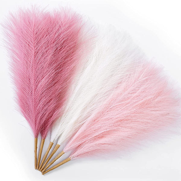 Pampas Grass Pink 17.7 Inch 6pcs, Artificial Pampas Grass Faux Pink Pompas Grass Decor, Short Pompous Grass Blush Room Decoration, Wedding Party Centerpieces Valentine Mothers Day