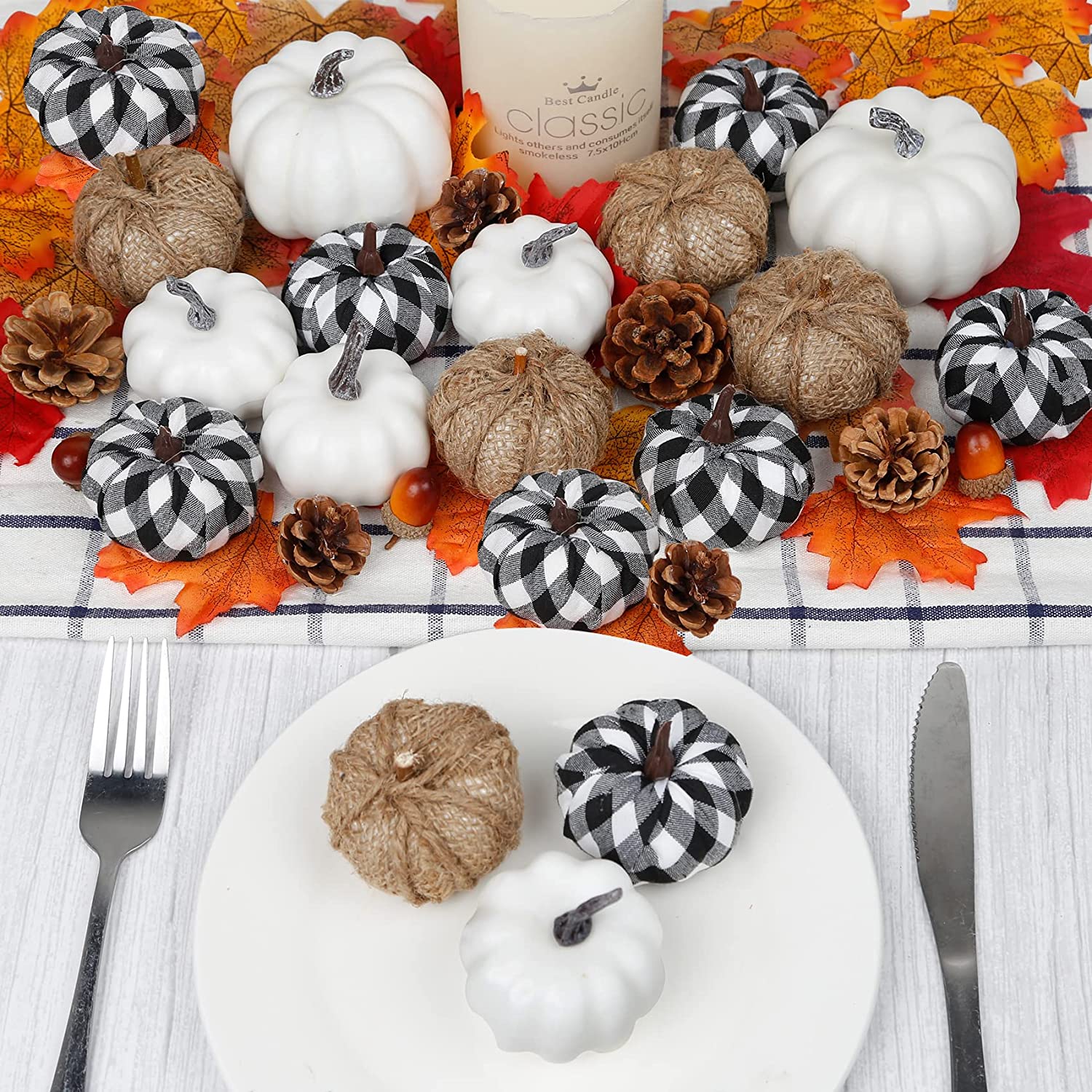 18 Pcs Fall Pumpkin Decor, Foam Artificial Pumpkins Burlap Grid White Pumpkins for Decorating Halloween Autumn Wedding Harvest Party Thanksgiving Fall Home Decorations, Black