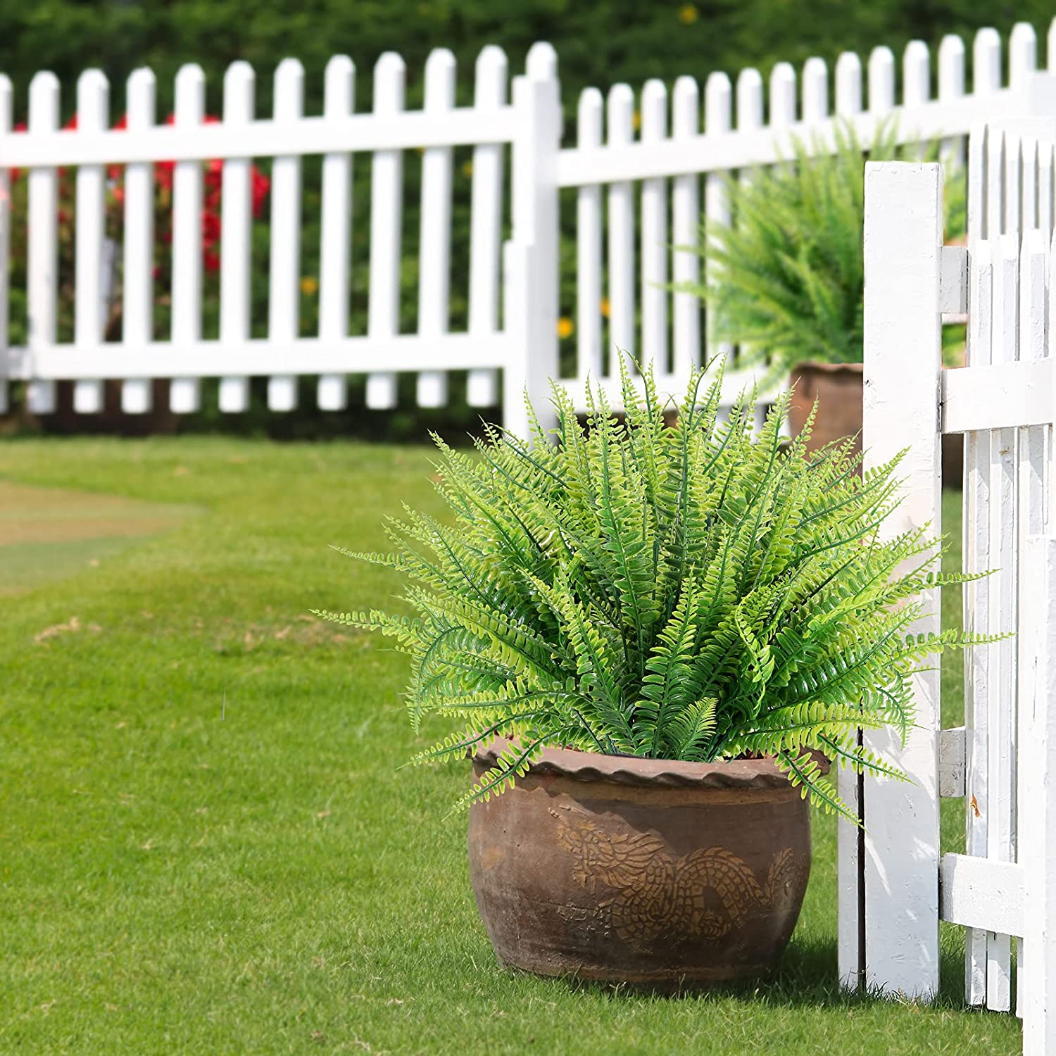 12 Bundles Artificial Plants, Fake Boston Fern Greenery Outdoor UV Resistant No Fade Faux Plastic Plants Garden Porch Window Box Decorating