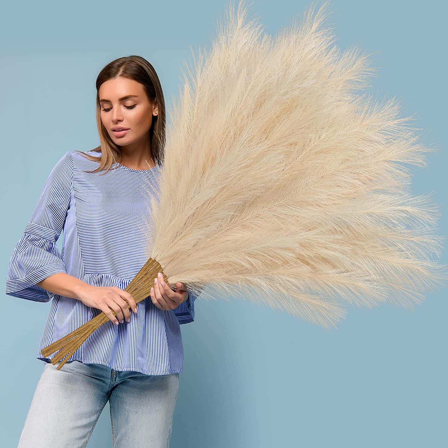 8 Pcs Faux Pampas Grass Decor 38''/97cm Tall Artificial Large Pompas Grass Pompous Floral Fluffy Fake Plants Floor Vase Filler for Kitchen Home Boho Decorations, Taupe