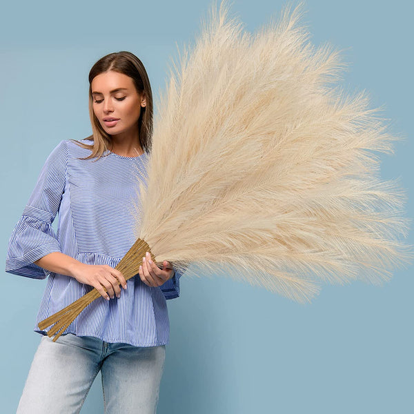 8 Pcs Faux Pampas Grass Decor 38''/97cm Tall Artificial Large Pompas Grass Pompous Floral Fluffy Fake Plants Floor Vase Filler for Kitchen Home Boho Decorations, Taupe